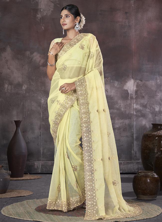 Organza Yellow Party Wear Embroidery Work Saree